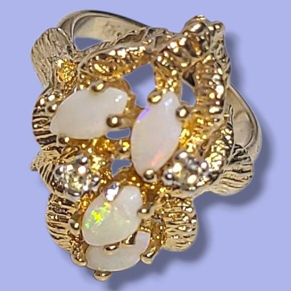 Vintage 18K HGE Gold Plated 4 White Opals & CZ Cocktail Ring Size 4.5 - Picture 14 of 16